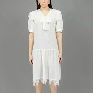 Vintage White Sailor Wedding Midi Dress Puff Sleeve Drop Waist Summer Lace Dress